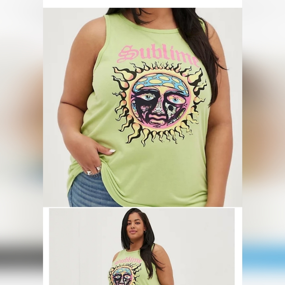 NWT Torrid classic crew tank SUBLIME sun graphic lime green sz 2
